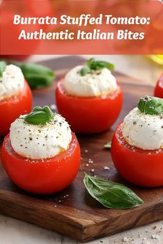 Juicy tomatoes stuffed with creamy Burrata cheese, creating a fresh and authentic Italian finger food appetizer that delights in every bite. Italian Passed Appetizers, Appetizers Italian Appetizer Ideas, Cheap Italian Appetizers, Vegetable Appetizers Finger Foods, Italian Hors D’oeuvres, Italian Wedding Hors D'oeuvres, Tomato Appetizer, Italian Food Party