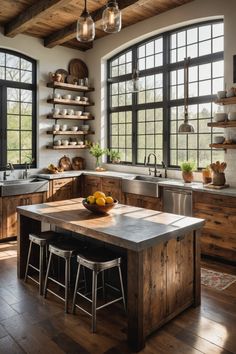 Rustic kitchen with wooden cabinets, large windows, a central island, and modern fixtures. Built In Banquette, Industrial Kitchen Design, Rustic Ceiling, Rustic Light Fixtures, Farmhouse Style Table, Rustic Bench, Industrial Style Lighting, Vintage Light Fixtures, Vintage Appliances