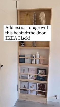 an open book shelf with several books on it and the words add extra storage with this behind - the - door ikea hack