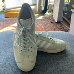 These Leather Adidas Gazelle Sneakers Are In Great Shape. A Little Scuffing On The Right Back Heel (May Come Out With A Wet Cloth) And Something Red Markings On The Sole But Otherwise Look Brand New. No Box. Only Worn A Few Times. So Classic. So Good. So Ready For Summer Time! Thanks For Looking! Adidas Gazelle Sneaker, Adidas Gazelle, Adidas Women, Mint Green, Womens Shoes Sneakers, Summer Time, Adidas Originals, Shoes Sneakers, Mint