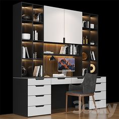 an office with black and white furniture and lighting on the shelves, along with a chair