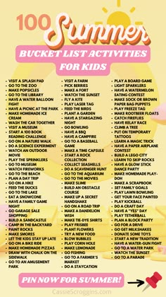 the summer bucket list for kids is shown in pink and yellow with an arrow pointing to it