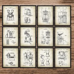 six framed drawings of coffee grinds and machines on a wooden background with the words, i