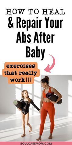 a woman holding a skateboard with the words how to heal and repair your abs after baby