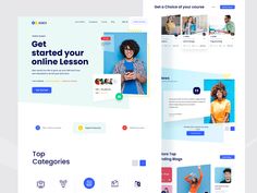 the landing page for an online lesson is shown in two different colors and sizes, including blue