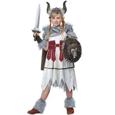 It's time for battle so put on this Valorous Viking Girl costume and prepare for war. With your flowing cape and iconic horned helmet, you'll be ready to face even the toughest opponents. Show them that you're as strong and tough as any other warrior out there! Size: large. Gender: female. Age Group: adult. Viking Girl Costume, Viking Halloween Costume, Viking Girl, Vikings Halloween, Mighty Girl, Warrior Costume, California Costumes, Dress Cape, Viking Helmet