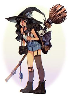 a woman dressed as a witch with a broom and skull on her back, holding a bag