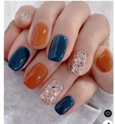 Dark Orange Nails Design, Dark Blue And Orange Nails, Blue And Orange Nail Ideas, Orange And Blue Nails Design, Navy And Orange Nails, Nails Orange And Blue, Orange Blue Nails, Blue And Orange Nails Designs, Blue Orange Nails