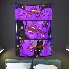 a bed with a purple painting on the wall above it