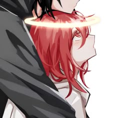 two anime characters with red hair and black clothes, one is holding the other's head