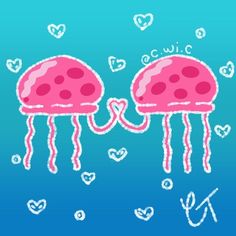 two pink jellyfishs with hearts floating in the air on a blue and white background