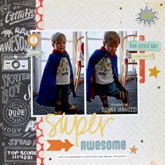 a scrapbook page with an image of a boy wearing a cape and t - shirt