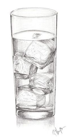 a drawing of rocks in a glass with ice cubes on the bottom and one rock sitting next to it