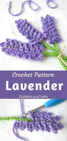 crochet pattern lavender leaves with text overlay that reads, crochet pattern lavender leaves