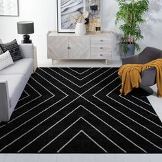 Marson Area Rug Black Tile Rug, Black Rug Gray Couch Living Room, Black Rugs In Bedroom, Black Area Rug Bedroom, Black Area Rug In Living Room, Black And White Area Rug Living Room, 10x14 Area Rug Living Room, Moody Room Ideas, Black Abstract Rug