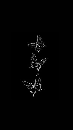 three butterflies flying in the dark with one black background and one white line drawing on it