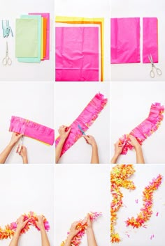 step by step instructions on how to make a tissue paper flower garland with streamers