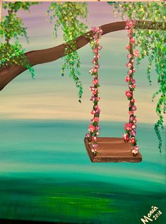 a painting of a swing hanging from a tree branch with pink flowers on it and water in the background