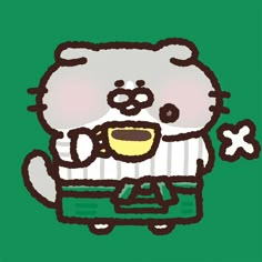 a drawing of a cat holding a coffee cup in its paws and wearing a sweater