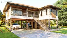 two cars parked in front of a house with stairs to the upper floor and second story