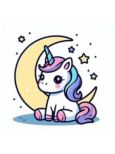 a cartoon unicorn sitting on the moon with stars