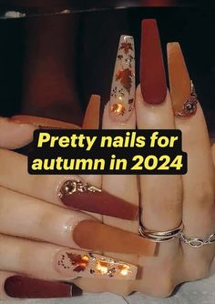 Fall Nail Designs Thanksgiving, Fall Nail Designs Wedding, Fall Nail With Leaves, Thanksgiving Matte Nails, Red And Brown Fall Nails, Fall Nails With Diamonds, Fall Medium Length Nails, Coffin Shape Fall Nails, Glam Fall Nails