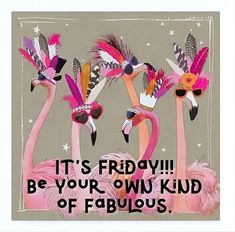 three pink flamingos wearing sunglasses with the words it's friday be your own kind of fabulous