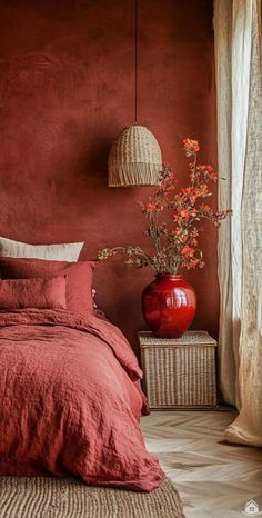 a bedroom with red walls and linens on the bed