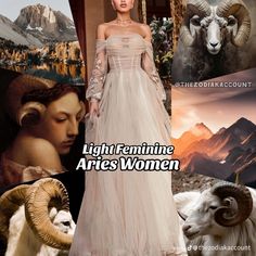 a woman in a white dress standing next to goats and mountains with the words light feminine aris women