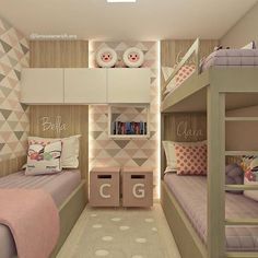 a bedroom with bunk beds and pink decor on the walls, along with polka dot rugs