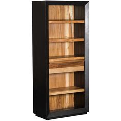 a black bookcase with wooden shelves on the front and bottom, against a white background