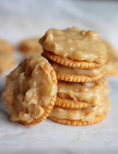 a stack of cookies with frosting on top