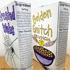 two books with writing on them sitting next to each other, one has a spider web and the other has golden snitch crunch