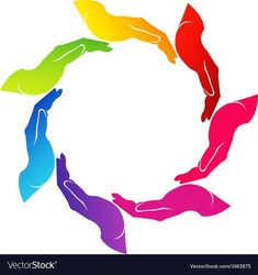 hands in a circle holding each other with the colors of rainbows on white background