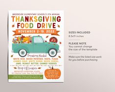 a thanksgiving food drive flyer with an image of a blue truck full of pumpkins