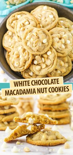 white chocolate macadamia nut cookies stacked on top of each other in a bowl