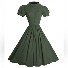 Stunning Hearts And Found Judy Dress In Hunter Green Linen From Etsy. Features Puff Sleeves, A Lining Layer, And Pockets. Perfect For A Cottagecore Or Vintage Look. Classic Green Knee-length Dress, Classic Green Dress With Buttons, Retro Clothes, Linen Color, Retro Outfits, Hunter Green, Vintage Look, Puff Sleeves, Vintage Looks