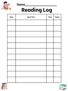 a printable reading log for children with books on the table and two kids sitting next to each other