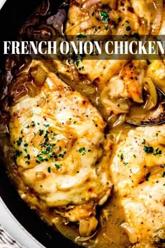 french onion chicken stew in a skillet with the title overlay reads, french onion chicken soup