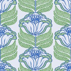 a blue and green flower pattern on a white background, with leaves in the foreground