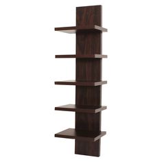 a tall wooden shelf with three shelves on each side