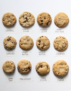 twelve chocolate chip cookies with labels on them