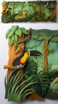 a paper sculpture of a toucan bird on a tree branch in the jungle