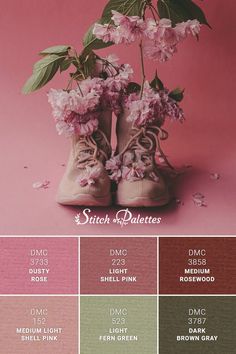 a pair of boots with flowers in them on a pink background and the words stitch - n - pastees below it