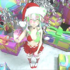 a woman in a santa hat and red skirt standing next to many wrapped christmas presents