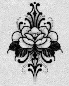 a black and white drawing of a flower with leaves on the side, in an ornate pattern