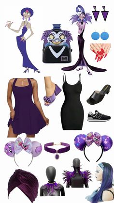 an assortment of women's clothing and accessories including shoes, hats, bras