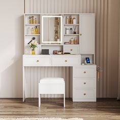 a white dressing table with mirror, stool and shelves on the wall next to it