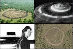 an aerial view of several different structures including a circular structure and a woman standing in front of it