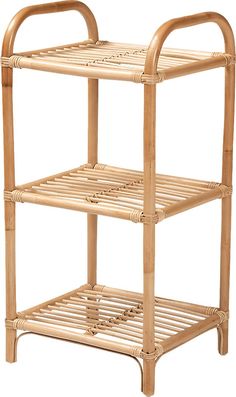 a bamboo shelf with two shelves on each side